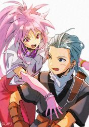 Rule 34 | 1boy, 1girl, arche klein, blue eyes, blue hair, chester burklight, earrings, elbow gloves, gloves, highres, jewelry, long hair, nanpou (nanpou0021), open mouth, pants, pink eyes, pink hair, pink pants, ponytail, simple background, smile, tales of (series), tales of phantasia, white background, wide ponytail