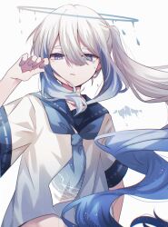 1boy absurdres blue_hair blue_neckerchief crossdressing halo highres komiya_shuu male_focus neckerchief original school_uniform serafuku side_ponytail simple_background trap white_background white_hair