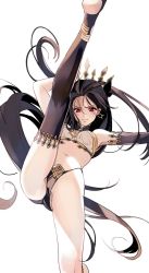 Rule 34 | 1girl, akao ppai, ass, bad id, bad twitter id, bare shoulders, black gloves, black hair, breasts, crown, earrings, elbow gloves, fate/grand order, fate (series), gloves, ishtar (fate), ishtar (fate), jewelry, leg up, long hair, looking at viewer, medium breasts, midriff, navel, red eyes, simple background, single glove, single thighhigh, soles, solo, thighhighs, two side up, very long hair, white background