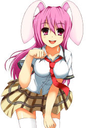 Rule 34 | 1girl, animal ears, bad id, bad pixiv id, breasts, contemporary, female focus, highres, impossible clothes, impossible shirt, leaning forward, long hair, medium breasts, necktie, plaid, plaid skirt, purple hair, rabbit ears, red necktie, reisen udongein inaba, shirt, skirt, solo, thighhighs, touhou, tsuuneko (tourisugarinoneko)