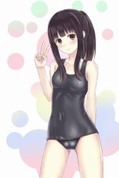 Rule 34 | 1girl, absurdres, arm behind back, bare arms, bare shoulders, black eyes, black hair, black one-piece swimsuit, blunt bangs, blush, breasts, collarbone, cowboy shot, fuena, hand up, highres, long hair, looking at viewer, old school swimsuit, one-piece swimsuit, original, ponytail, school swimsuit, shiny clothes, sidelocks, small breasts, solo, swimsuit, v