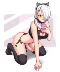 Rule 34 | 10s, 1girl, 2017, andrea vaeyl, animal ears, artist name, ass, bell, black bra, black panties, black thighhighs, blush, bra, breasts, cat cutout, cat ears, cat lingerie, cellphone, choker, cleavage, cleavage cutout, clothing cutout, erection, futanari, hair ornament, hair over one eye, hairclip, kneeling, large breasts, lingerie, long hair, meme attire, nail polish, neck bell, original, panties, parted lips, penis, phone, pink nails, ponytail, razalor, side ponytail, smartphone, socks, solo, thighhighs, uncensored, underwear, underwear only, white hair, yellow eyes