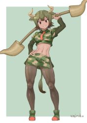 Rule 34 | 10s, 1girl, animal ears, artist name, aurochs (kemono friends), boots, brown hair, camouflage, camouflage shirt, commentary request, dark-skinned female, dark skin, hand on own hip, horn lance, horns, kemono friends, midriff, necktie, pantyhose, polearm, revision, shirt, short sleeves, signature, simple background, smile, solo, tail, toned, umiroku, weapon