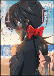 Rule 34 | 1girl, 1other, beach, black coat, black hair, blue eyes, blue sky, blush, bow, cloud, cloudy sky, coat, commentary, dark-skinned female, dark skin, day, from behind, frown, girls und panzer, hair bow, hair over one eye, hand in another&#039;s hair, highres, horizon, jinguu (4839ms), long coat, long hair, long sleeves, looking at viewer, looking back, low ponytail, ocean, ogin (girls und panzer), open mouth, outdoors, ponytail, pov, red bow, sky, sweatdrop, translated