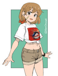 Rule 34 | 1girl, alternate costume, bandaid, bandaid on face, blush, breasts, brown shorts, crab, crab on shoulder, grey eyes, highres, kantai collection, light brown hair, midriff, navel, oboro (kancolle), omuraashu, open mouth, shirt, short sleeves, shorts, simple background, small breasts, t-shirt, tied shirt, twitter username, two-tone background, watch, white shirt, wristwatch