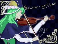 Rule 34 | 1girl, bloody cuke, blue capelet, blue dress, blue hat, bow (music), capelet, closed eyes, closed mouth, commentary request, dress, eyelashes, frilled hat, frills, green hair, hat, holding, holding instrument, holding violin, instrument, long hair, long sleeves, mima (touhou), music, playing instrument, ribbon, shirt, sun print, touhou, touhou (pc-98), very long hair, violin, white ribbon, white shirt, wizard hat