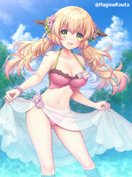 Rule 34 | 1girl, :d, bare arms, bare shoulders, bead bracelet, beads, bikini, blonde hair, blue sky, bracelet, breasts, cleavage, cloud, commission, day, flower, green eyes, hagino kouta, hair between eyes, hair flower, hair ornament, horns, jewelry, large breasts, looking at viewer, low twintails, navel, open mouth, original, outdoors, pink bikini, pink flower, see-through, skeb commission, sky, smile, solo, standing, swimsuit, twintails, twitter username, water