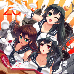 Rule 34 | 10s, 2014, 3girls, agano (kancolle), alcohol, black hair, blush, braid, breast press, breasts, brown hair, cleavage, dragonmaterial, elbow gloves, gloves, green eyes, highres, kantai collection, large breasts, multiple girls, noshiro (kancolle), one eye closed, open mouth, red eyes, sake, school uniform, serafuku, twin braids, wink, yahagi (kancolle)