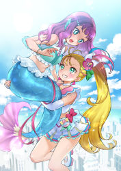 Rule 34 | 2girls, ahoge, bare shoulders, blonde hair, blue hair, blue sky, blunt bangs, blush, bracelet, breasts, carrying, choker, city below, cloud, commentary request, crop top, cure summer, day, earrings, elbow gloves, fingerless gloves, fins, floating, flower, full body, gloves, green eyes, grin, hair flower, hair ornament, hair strand, head fins, heart, heart in eye, highres, jewelry, laura (precure), long hair, looking at another, magical girl, mermaid, midriff, monster girl, multicolored hair, multiple girls, natsuumi manatsu, navel, necklace, open mouth, outdoors, pearl hair ornament, pearl necklace, pink hair, pink sailor collar, precure, purple hair, sailor collar, shirt, side ponytail, sidelocks, skirt, sky, sleeveless, sleeveless shirt, small breasts, smile, sparkle, split tail, symbol in eye, teeth, triangle earrings, tropical-rouge! precure, upper teeth only, very long hair, white background, white choker, white footwear, white gloves, white skirt, yamada ichizoku