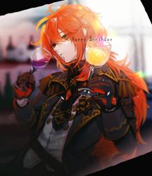 Rule 34 | 1boy, alcohol, birthday, black jacket, blurry, blurry background, bottle, closed mouth, cup, diluc (genshin impact), drinking glass, genshin impact, gloves, hair between eyes, happy birthday, highres, holding, holding cup, jacket, long hair, long sleeves, male focus, ponytail, red eyes, red hair, ruohire9, solo, wine bottle, wine glass