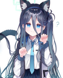 Rule 34 | 1girl, animal ears, aris (blue archive), blue archive, blue eyes, blue hair, blush, cat ears, cat tail, commentary request, dark blue hair, halo, headband, highres, long hair, looking at viewer, necktie, nekomimi mode (tsukuyomi), paw pose, school uniform, sese nagi, smile, solo, tail, white background