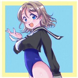 Rule 34 | 1girl, blue eyes, blush, brown hair, highres, looking at viewer, love live!, love live! sunshine!!, necktie, one-piece swimsuit, rindaypdx, sailor, sailor collar, short hair, simple background, smile, solo, swimsuit, swimsuit under clothes, thighs, watanabe you, wavy hair