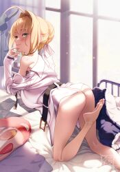 Rule 34 | 1girl, ass, barefoot, blonde hair, blush, fate/grand order, fate (series), feet, green eyes, kneepits, long hair, looking at viewer, nero claudius (fate), nero claudius (fate) (all), no panties, smile, soles, suryua, toes