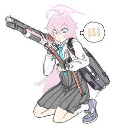 Rule 34 | 1girl, absurdres, blue archive, bullet, erzengel (akakgo), gun, highres, hoshino (blue archive), ruliweb (website), school uniform, second-party source, sitting, solo, weapon, white background