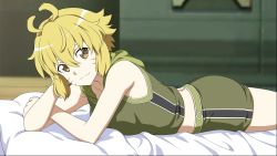 Rule 34 | 1girl, argo the rat, bed, bed sheet, bedroom, blonde hair, breasts, brown eyes, collarbone, crop top, facial mark, from side, game cg, hair between eyes, head rest, highres, indoors, looking at viewer, lying, medium breasts, midriff, official art, on stomach, short hair, short shorts, shorts, sleeveless, smile, solo, sword art online, sword art online: fatal bullet
