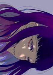 Rule 34 | 1girl, colored eyelashes, from side, grey background, grey eyes, grey lips, half-closed eyes, highres, hyuuga hinata, long hair, looking ahead, naruto: the last, naruto (series), parted lips, portrait, purple hair, purple theme, rock54t, sideways, simple background, smile, solo