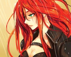Rule 34 | 1girl, beancurd, breasts, cleavage, green eyes, highres, jacket, katarina (league of legends), league of legends, lipstick, long hair, makeup, profile, rain, red hair, scar, simple background, solo