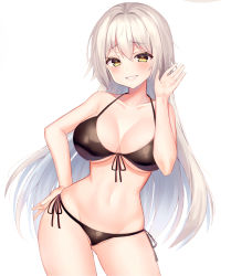 Rule 34 | 1girl, bad id, bad pixiv id, bare arms, bare shoulders, bikini, black bikini, blush, breasts, cleavage, collarbone, contrapposto, cowboy shot, fate/grand order, fate (series), front-tie bikini top, front-tie top, gluteal fold, grin, groin, hair between eyes, hair intakes, halterneck, halterneck, hand on own hip, hand up, highres, hinaki (hinaki 0102), jeanne d&#039;arc alter (swimsuit berserker) (fate), jeanne d&#039;arc (fate), jeanne d&#039;arc alter (avenger) (fate), jeanne d&#039;arc alter (fate), large breasts, legs apart, long hair, looking at viewer, navel, side-tie bikini bottom, silver hair, simple background, smile, solo, standing, stomach, swimsuit, teeth, thighs, very long hair, white background, yellow eyes