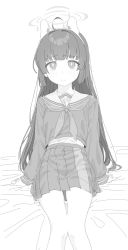 Rule 34 | 1girl, ahoge, animal ears, bed sheet, blue archive, blush, closed mouth, fake animal ears, feet out of frame, frown, greyscale, hairband, halo, highres, kona ming, long hair, long sleeves, looking at viewer, miyu (blue archive), monochrome, neckerchief, rabbit ears, sailor collar, school uniform, serafuku, shirt, sitting, sketch, skirt, solo