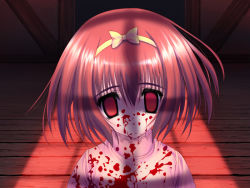 Rule 34 | 1girl, blood, blood on clothes, blood on face, bow, empty eyes, game cg, hair between eyes, hair bow, hairband, indoors, jitome, looking at viewer, norita, parted lips, red eyes, red hair, red theme, rhys gruffydd, ribbon, risu gruffudd, shade, shamana shamana, short hair, solo, turtleneck, upper body, wooden floor