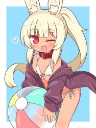 Rule 34 | 1girl, ;d, animal ears, ball, bare shoulders, beachball, bikini, bikini under clothes, blonde hair, blue background, blush, collar, collarbone, commentary request, dark-skinned female, dark skin, etrian odyssey, fang, front-tie bikini top, front-tie top, heart, heart-shaped pupils, highres, holding, holding ball, hood, hood down, hooded jacket, jacket, long hair, long sleeves, looking at viewer, masurao (sekaiju), masurao 2 (sekaiju), naga u, off shoulder, one eye closed, open clothes, open jacket, open mouth, ponytail, purple jacket, rabbit ears, red collar, red eyes, sekaiju no meikyuu, sekaiju no meikyuu 5, short eyebrows, side-tie bikini bottom, sleeves past wrists, smile, solo, standing, swimsuit, symbol-shaped pupils, tan, thick eyebrows, two-tone background, very long hair, white background, white bikini