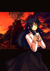 Rule 34 | 1boy, 1girl, black hair, black skirt, blue eyes, cloud, from side, hand on own chest, letterboxed, long hair, looking at viewer, onimaru gonpei, original, red sky, serious, shirt, skirt, sky, smile, white shirt