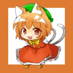 Rule 34 | 1girl, animal ears, arms behind back, bad id, bad pixiv id, blush, brown hair, cat ears, cat girl, cat tail, chen, chibi, earrings, female focus, highres, jewelry, kachoo, leaning forward, looking at viewer, multiple tails, short hair, single earring, smile, solo, tail, touhou