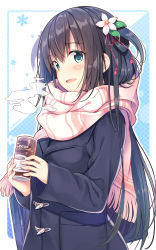 Rule 34 | 1girl, blue eyes, breath, brown hair, can, canned coffee, coat, drink can, duffel coat, enpera, flower, hair flower, hair ornament, hair rings, holding, holding can, looking at viewer, nozomi tsubame, open mouth, original, patterned background, pocket, scarf, side ponytail, sidelocks, snowflakes, striped clothes, striped scarf, winter clothes