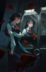Rule 34 | 1943456467, 2girls, absurdres, belt, belt buckle, black belt, black dress, broken mirror, bubble, buckle, chainsaw man, collared shirt, commentary request, cross scar, different reflection, dress, fish, fourth east high school uniform, grin, highres, holding, holding weapon, lips, long hair, long sleeves, looking at viewer, low twintails, mirror, mitaka asa, multiple girls, neck ribbon, pinafore dress, pink lips, profile, red eyes, red ribbon, reflection, ribbon, scar, scar on face, school uniform, shirt, sleeveless, sleeveless dress, smile, twintails, weapon, white shirt, yoru (chainsaw man)