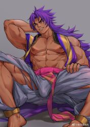 Rule 34 | 1boy, abs, armpit hair, armpits, bara, bare pectorals, bhima (fate), bulge, chachi (soulga), come hither, covered penis, dark-skinned male, dark skin, fate/grand order, fate (series), indian clothes, large pectorals, long hair, looking at viewer, male focus, manspreading, muscular, muscular male, navel, nipples, pants, pectorals, presenting armpit, purple eyes, purple hair, purple vest, seductive smile, smile, solo, stomach, strongman waist, thick eyebrows, torn clothes, torn pants, very long hair, vest