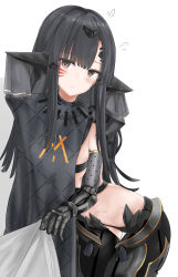 Rule 34 | 1girl, absurdres, black hair, black panties, black pants, blush, brown eyes, closed mouth, commentary request, facial mark, flying sweatdrops, gauntlets, girls&#039; frontline, grey background, hair ornament, head tilt, headgear, highres, leaning forward, long hair, looking at viewer, navel, nyto (girls&#039; frontline), adeline (girls&#039; frontline), panties, pants, ru zhai, shirt grab, solo, two-tone background, underwear, very long hair, white background