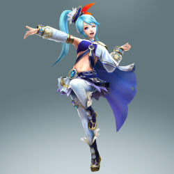 Rule 34 | 1girl, 3d, blue hair, cape, full body, gradient background, highres, hyrule warriors, jewelry, lana (hyrule warriors), long hair, lots of jewelry, midriff, navel, nintendo, official art, one eye closed, purple eyes, side ponytail, smile, solo, the legend of zelda