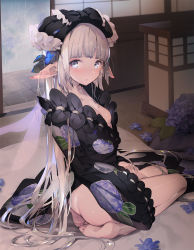 Rule 34 | 1girl, ass, barefoot, blunt bangs, blush, bottomless, bow, breasts, commentary request, dragon quest, dragon quest x, dress, elf, floral print, flower, full body, grey eyes, hair bow, hair flower, hair ornament, highres, hydrangea, indoors, kaede (sayappa), light smile, long hair, long sleeves, looking at viewer, looking to the side, pointy ears, rain, seiza, sitting, small breasts, solo, very long hair, white hair, wide sleeves