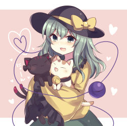 Rule 34 | 3girls, :3, :d, animal, bell, black bow, black headwear, border, bow, cat, closed mouth, commentary, goutokuji mike, goutokuji mike (cat), green eyes, green hair, hair between eyes, hat, hat bow, heart, heart of string, highres, holding, holding animal, kaenbyou rin, kaenbyou rin (cat), komeiji koishi, long hair, long sleeves, looking at viewer, multiple girls, neck bell, open mouth, pink background, shirt, smile, subaru (subachoco), third eye, touhou, upper body, white border, wide sleeves, yellow bow, yellow shirt