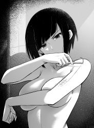 Rule 34 | 1girl, absurdres, akiba maid sensou, black hair, breast hold, breast press, breasts, diagonal bangs, gradient background, greyscale, high contrast, highres, hiroshi (manjia li), injury, large breasts, mannen ranko, monochrome, nude, sewing, simple background, solo, thread, upper body