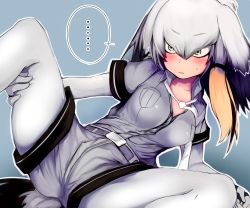 Rule 34 | ..., 10s, 1girl, arisakak (valshun1225), belt, blush, bodystocking, bodysuit, breast pocket, breasts, cleavage, eyes visible through hair, green eyes, grey hair, grey pantyhose, grey shirt, hand on own thigh, head wings, highres, kemono friends, long hair, looking at viewer, low ponytail, lying, multicolored hair, necktie, on side, outline, pantyhose, pocket, shirt, shoebill (kemono friends), short sleeves, shorts, side ponytail, simple background, solo, speech bubble, spread legs, sweatdrop, tail, wide-eyed, wings