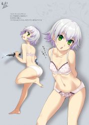 Rule 34 | 1girl, arms behind back, barefoot, bow, bow panties, bra, breasts, character sheet, commentary request, dagger, dual wielding, facial scar, fate/apocrypha, fate/grand order, fate (series), green eyes, grey background, hair between eyes, highres, holding, holding knife, jack the ripper (fate/apocrypha), knife, leg up, looking at viewer, looking back, mattari yufi, multiple views, navel, open mouth, panties, scar, scar across eye, scar on cheek, scar on face, shadow, short hair, silver hair, small breasts, translation request, underwear, underwear only, weapon