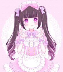Rule 34 | 1girl, apron, blunt bangs, blush, bow, brown hair, closed mouth, collared dress, commentary request, doily, dress, frilled apron, frilled dress, frilled shirt collar, frills, hair bow, hands up, heart, heart-shaped pupils, highres, himetsuki luna, long hair, looking at viewer, maid, maid headdress, original, pink background, pink bow, pink dress, polka dot, polka dot background, puffy short sleeves, puffy sleeves, purple bow, purple eyes, ringlets, short sleeves, sidelocks, smile, solo, symbol-shaped pupils, twintails, very long hair, waist apron, white apron, wrist cuffs