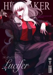 Rule 34 | 1girl, black socks, blunt bangs, breasts, champagne flute, cover, crown, cup, drinking glass, english text, formal, gloves, helltaker, highres, horns, long hair, lucifer (helltaker), magazine cover, mazarimon, mole, mole under eye, nail polish, necktie, open mouth, red eyes, red nails, sharp teeth, single glove, socks, solo, suit, teeth, tongue, tongue out, white gloves, white hair
