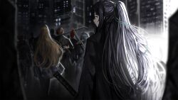 Rule 34 | 1boy, 2girls, 6+others, black hair, black jacket, blue eyes, closed mouth, from behind, game cg, highres, holding, holding sword, holding weapon, hong lu (project moon), jacket, katana, limbus company, long hair, looking at viewer, looking back, multiple girls, multiple others, nai ga, official art, outdoors, ponytail, project moon, rodion (project moon), ryoshu (project moon), scar, scar across eye, sheath, sheathed, solo focus, standing, sword, weapon