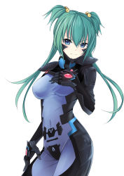 Rule 34 | 1girl, absurdres, armor, armored dress, bad id, bad pixiv id, bell, blue eyes, bodysuit, breast hold, breasts, comicsnic, cosmicsnic, covered erect nipples, covered navel, cui yifei, fortified suit, grabbing, green hair, hair bell, hair ornament, hands on own hips, highres, long hair, looking at viewer, md5 mismatch, mecha, muv-luv, muv-luv alternative, muv-luv total eclipse, pilot suit, robot, shy, side ponytail, smile, solo, standing, tail, twintails, white background