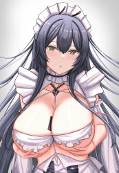 Rule 34 | 1girl, absurdres, azur lane, bare shoulders, between breasts, black hair, breast lift, breasts, elina (eri15), green eyes, hair between eyes, highres, huge breasts, indomitable (azur lane), indomitable (ms. motivationless maid) (azur lane), long hair, looking at viewer, maid headdress, official alternate costume, simple background, solo, upper body, very long hair, white background