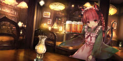 Rule 34 | 1girl, alcohol, alternate costume, animal ears, apron, bar (place), beer, beer mug, black bow, bottle, bow, braid, cat ears, cat tail, chair, cup, enmaided, green kimono, hair bow, highres, holding, indoors, japanese clothes, kaenbyou rin, kimono, lamp, long hair, long sleeves, looking at viewer, maid, maid headdress, missile228, mug, oil lamp, photo (object), red eyes, red hair, smile, solo, table, tail, touhou, tray, twin braids, wa maid, wide sleeves, wooden table