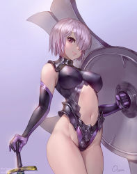 Rule 34 | 1girl, armor, artist name, bare shoulders, blush, breasts, center opening, closed mouth, elbow gloves, covered erect nipples, fate/grand order, fate (series), gloves, groin, hair over one eye, highleg, highleg leotard, highres, holding, holding shield, large breasts, leotard, looking at viewer, mash kyrielight, navel, ozma, pink hair, purple background, purple eyes, purple gloves, purple leotard, shield, short hair, simple background, smile, solo, standing, stomach, sword, thighs, watermark, weapon, web address