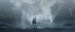 1girl 2b_(nier:automata) absurdres back_cutout battle_damage black_dress black_thighhighs boots building bush city clothing_cutout dress feather-trimmed_sleeves feather_trim feathers gloves glowing high_heel_boots high_heels highres juliet_sleeves long_sleeves nid417 nier:automata nier_(series) puddle puffy_sleeves rain ruins scenery short_hair solo thighhighs thighhighs_under_boots virtuous_contract weapon white_hair windmill