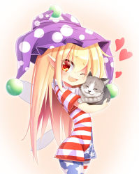 Rule 34 | 1girl, american flag dress, american flag legwear, animal, blonde hair, blush, cat, clownpiece, dress, fairy wings, fang, gradient background, hat, heart, jester cap, long hair, looking at viewer, one eye closed, open mouth, pantyhose, petite, pointy ears, print pantyhose, red eyes, short dress, short sleeves, smile, solo, star (symbol), striped clothes, striped dress, touhou, wings, z.o.b