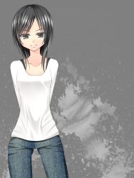Rule 34 | 1girl, artist request, black hair, collarbone, denim, highres, jeans, mitty, original, pants, smile, solo, tagme