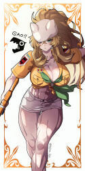 Rule 34 | 1girl, abs, absurdres, barghest (fate), barghest (swimsuit archer) (fate), barghest (swimsuit archer) (first ascension) (fate), biceps, blonde hair, blush, breasts, cleavage, fate/grand order, fate (series), fingerless gloves, gloves, green eyes, grey hat, grey skirt, gun, hat, high ponytail, highres, kiya hajime, large breasts, long hair, looking at viewer, midriff, miniskirt, muscular, muscular female, navel, neckerchief, parted lips, pencil skirt, shirt, short sleeves, sidelocks, skirt, solo, thick thighs, thighs, tied shirt, weapon, yellow gloves, yellow shirt