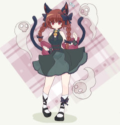 Rule 34 | 1girl, animal ears, bare shoulders, bell, bow, cat ears, cat tail, choker, clenched hands, dress, full body, ghost, green dress, highres, hitodama, huge bow, kaenbyou rin, leg ribbon, mary janes, multiple tails, neck bell, plaid, red eyes, red hair, ribbon, shoes, skull, standing, tail, tatutaniyuuto, touhou, white legwear