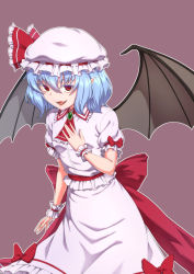 Rule 34 | 1girl, :d, \||/, ascot, bat wings, blue hair, bow, brooch, fang, fangs, frills, hat, hat ribbon, highres, jewelry, kakone, looking at viewer, mob cap, open mouth, outline, pointy ears, puffy short sleeves, puffy sleeves, purple background, red eyes, remilia scarlet, ribbon, sash, shirt, short hair, short sleeves, simple background, skirt, skirt set, slit pupils, smile, solo, touhou, white outline, wings, wrist cuffs